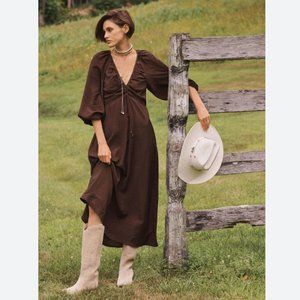 NWT Anthropologie Maeve Chocolate Brown Deep-V Ruched Puff Sleeve Midi Dress